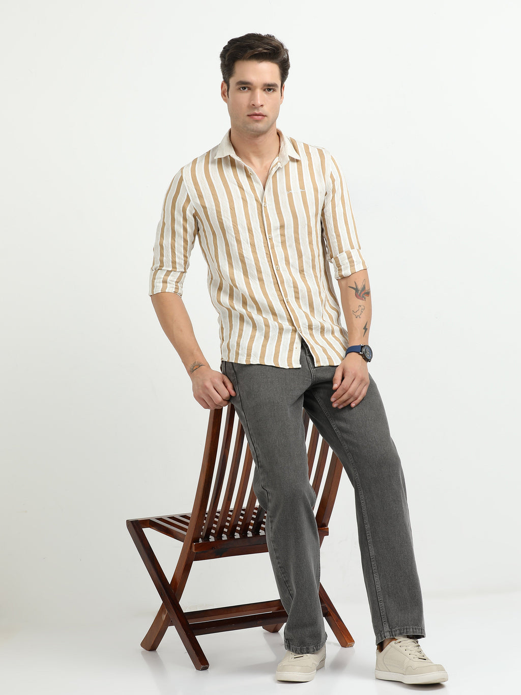Men’s Beige & White Striped Linen Cotton Shirt