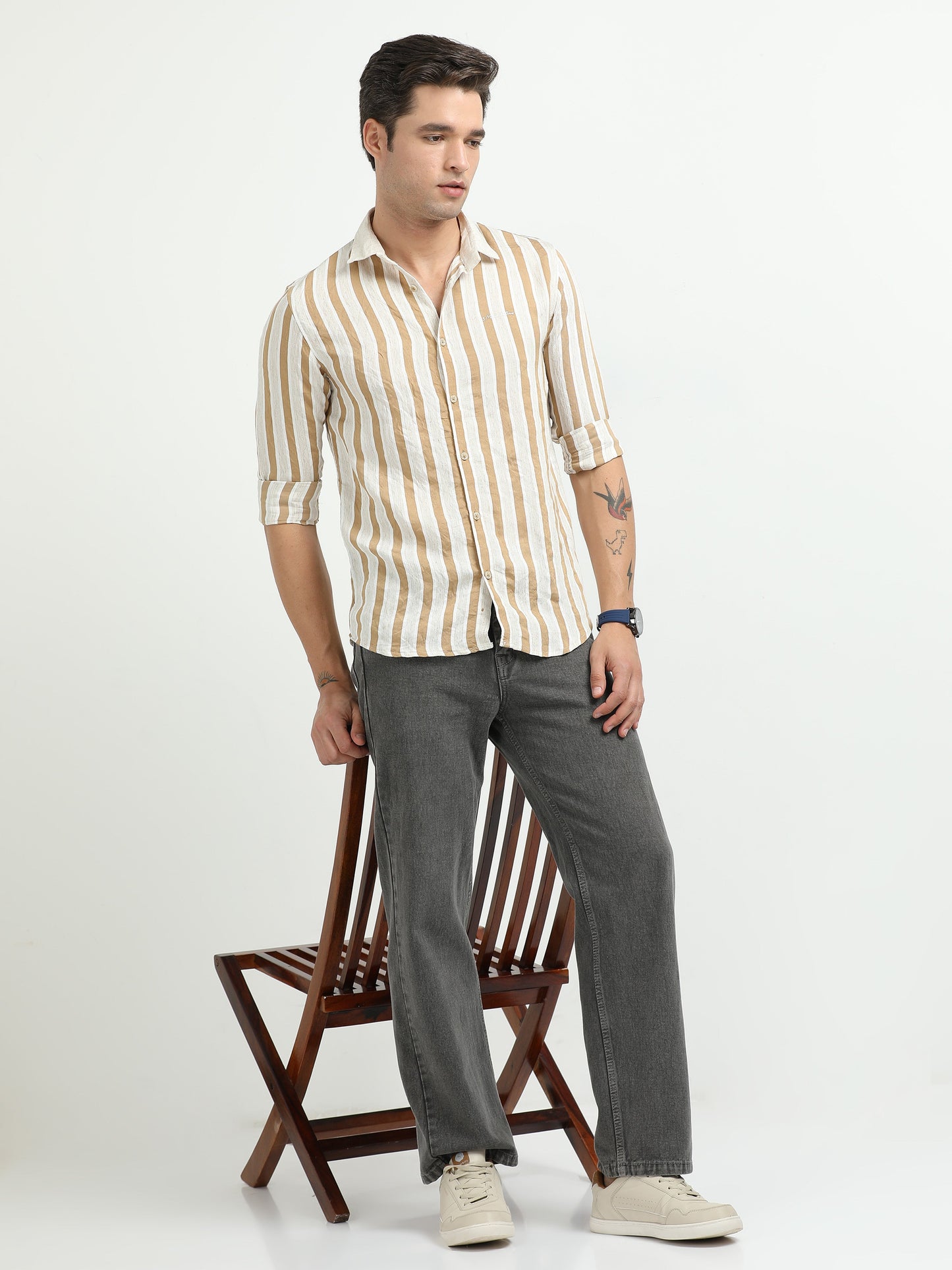 Men’s Beige & White Striped Linen Cotton Shirt