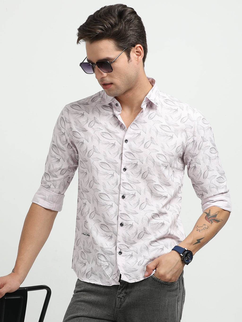 Men’s Light Pink Leaf Print Cotton Shirt