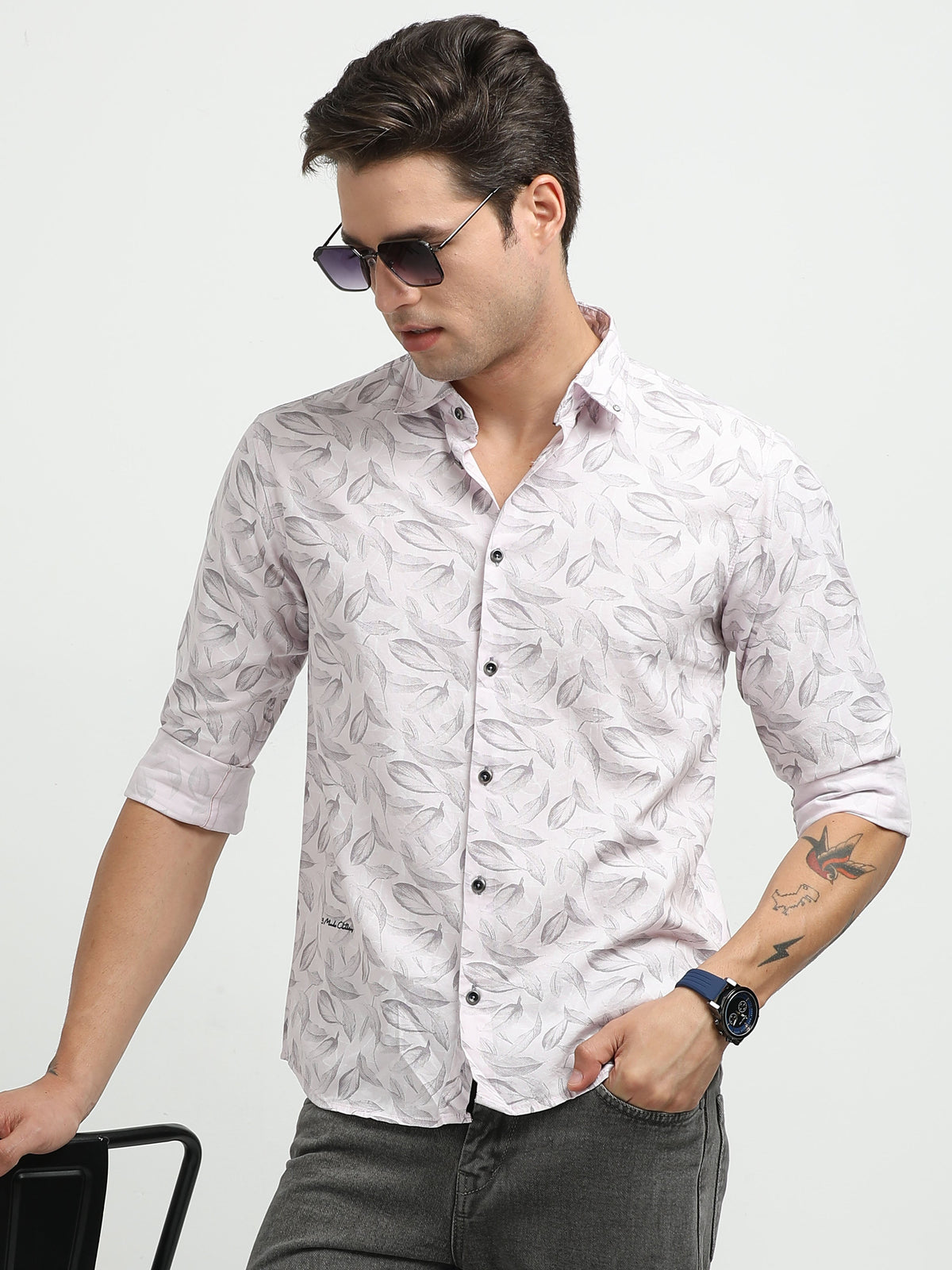 Men’s Light Pink Leaf Print Cotton Shirt