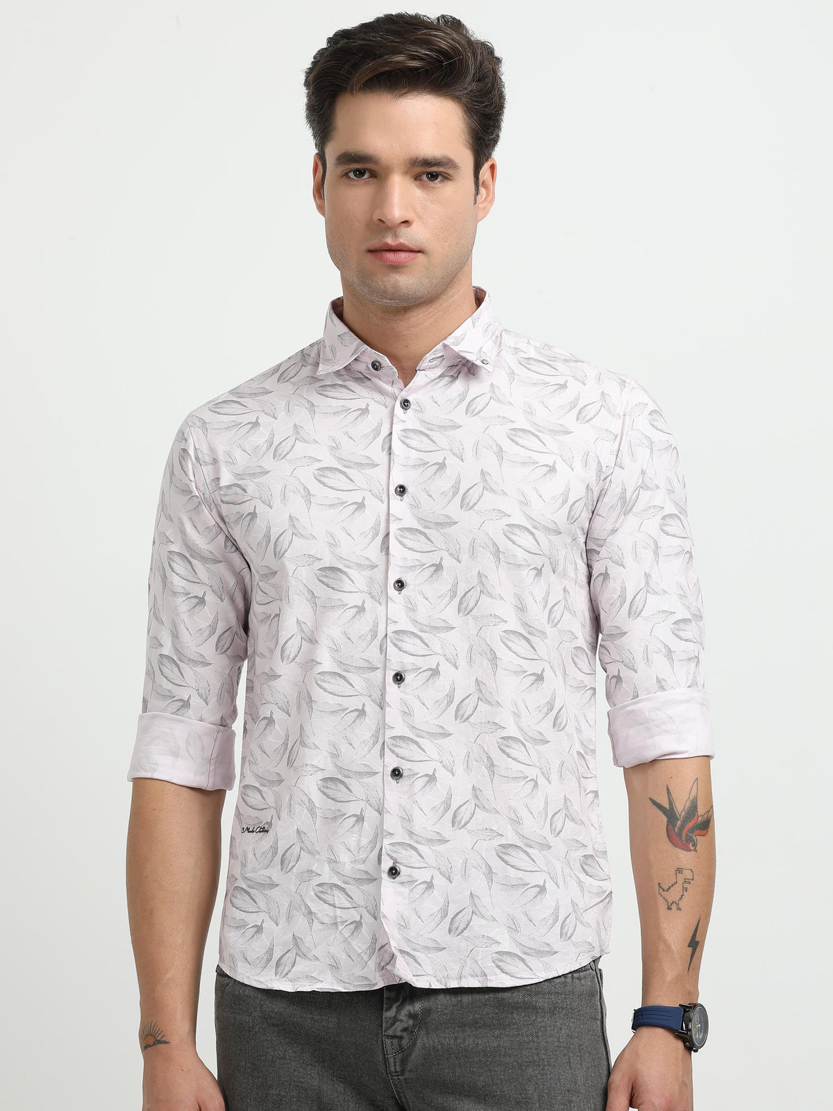 Men’s Light Pink Leaf Print Cotton Shirt