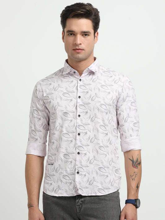 Men’s Light Pink Leaf Print Cotton Shirt
