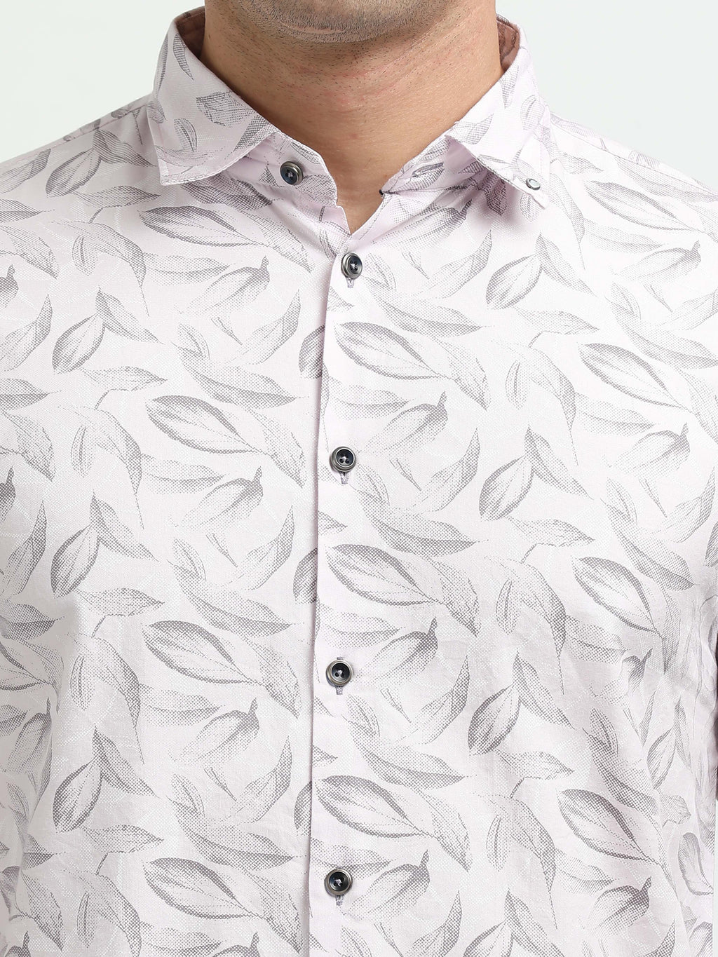 Men’s Light Pink Leaf Print Cotton Shirt