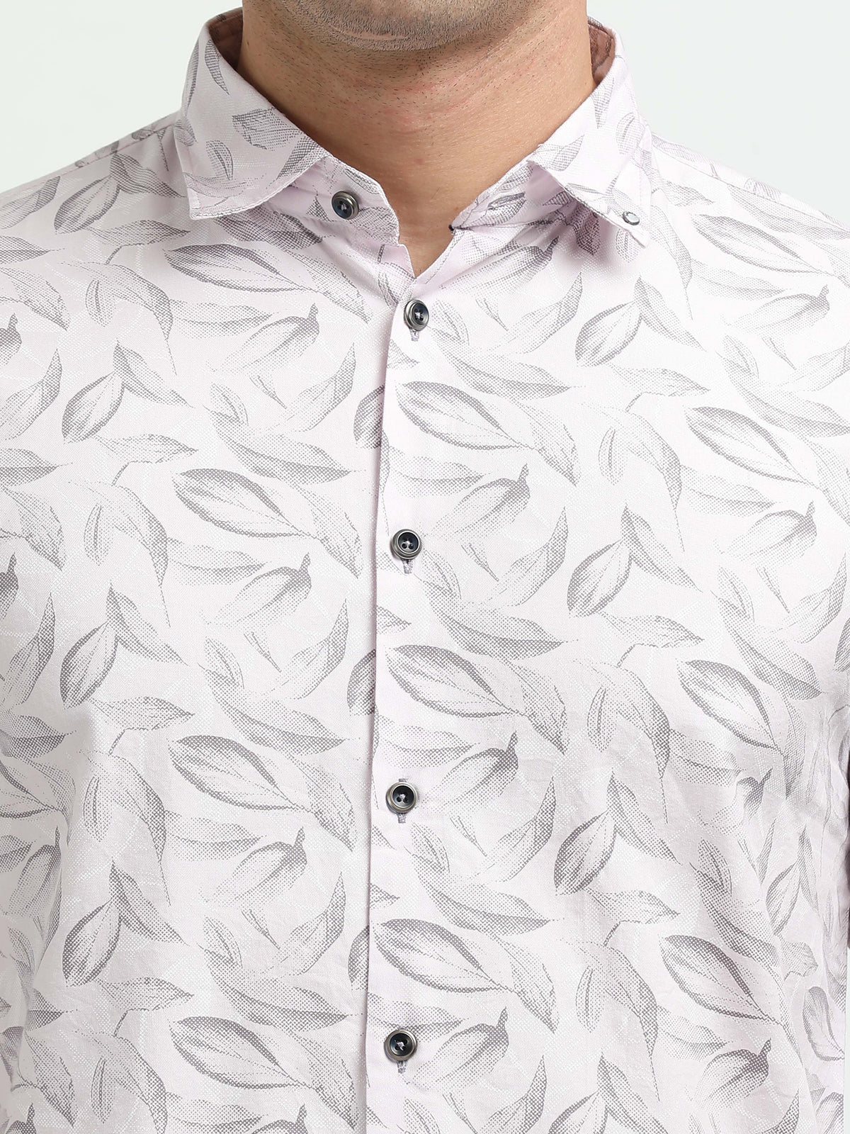 Men’s Light Pink Leaf Print Cotton Shirt