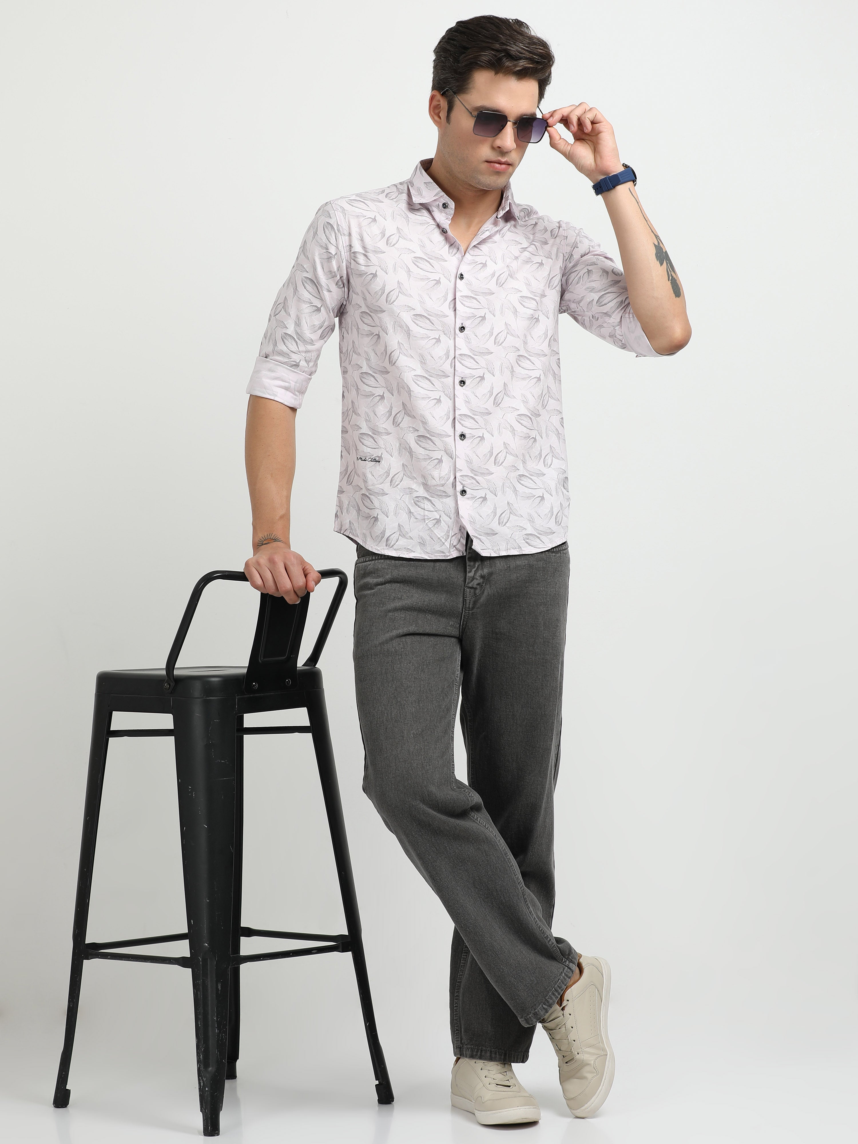 Men’s Light Pink Leaf Print Cotton Shirt