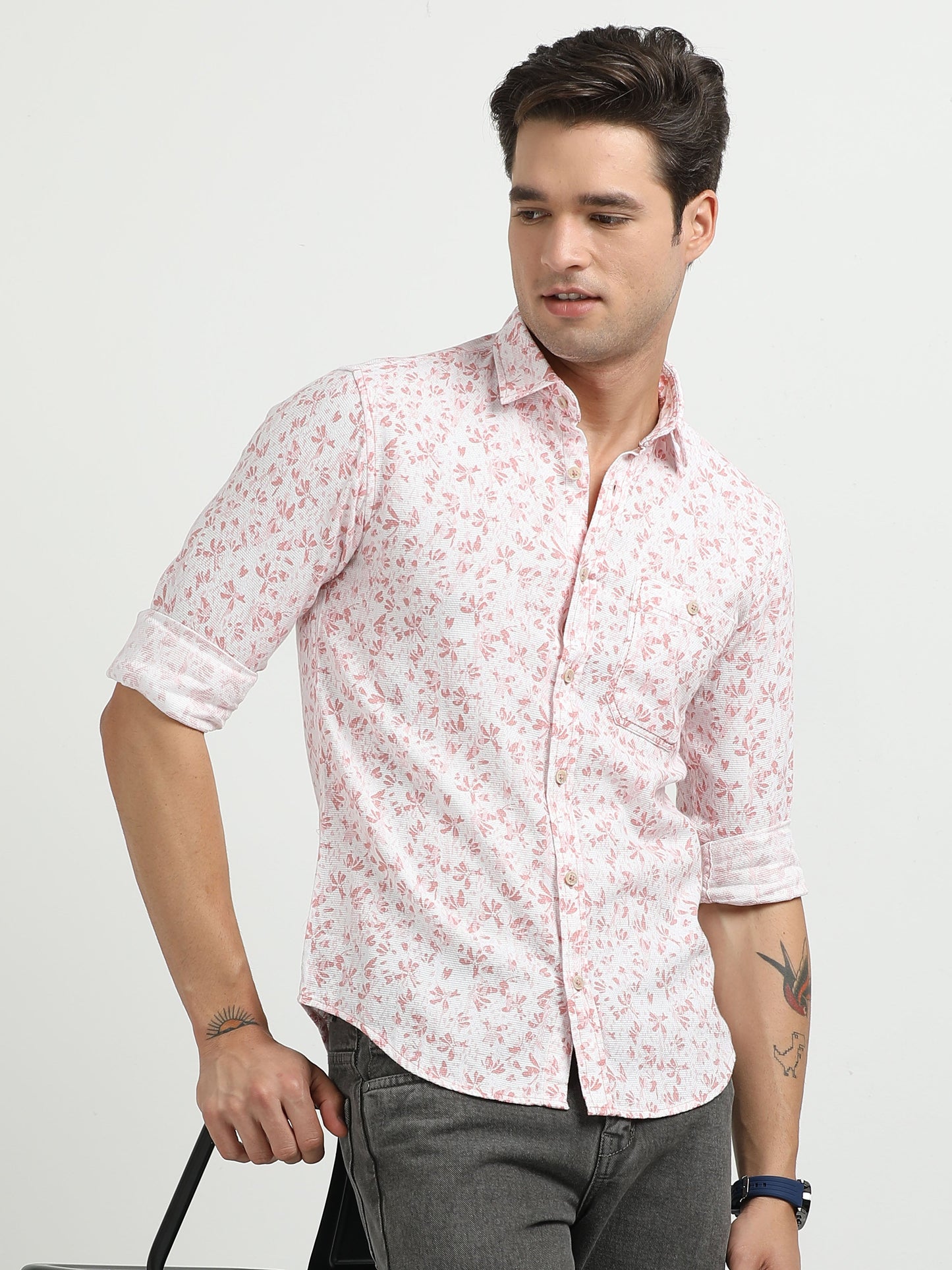 Men’s White & Pink Floral Print Cotton Shirt