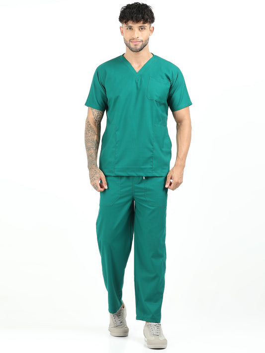 Men’s Forest Green Medical Scrub Set – V-Neck Top & Straight Pants | Twill Fabric, Lightweight & Breathable – Eco Flex