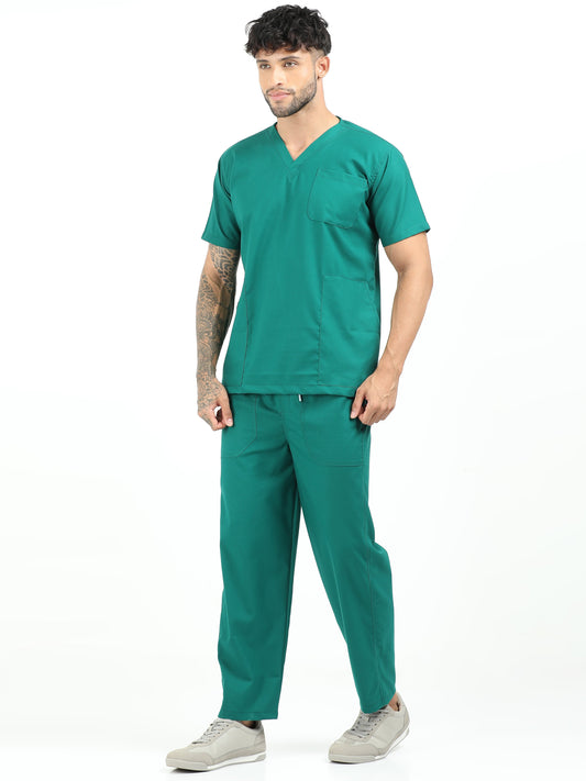 Men’s Forest Green Medical Scrub Set – V-Neck Top & Straight Pants | Twill Fabric, Lightweight & Breathable – Eco Flex