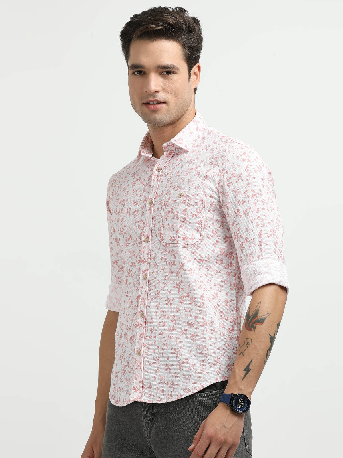 Men’s White & Pink Floral Print Cotton Shirt
