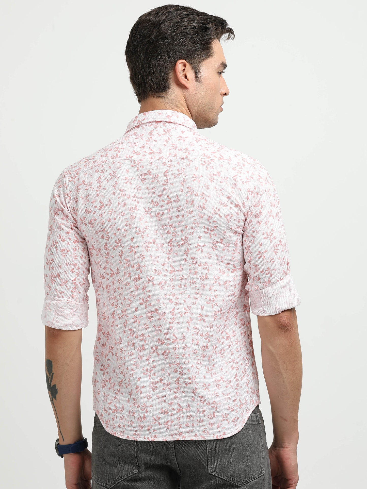 Men’s White & Pink Floral Print Cotton Shirt