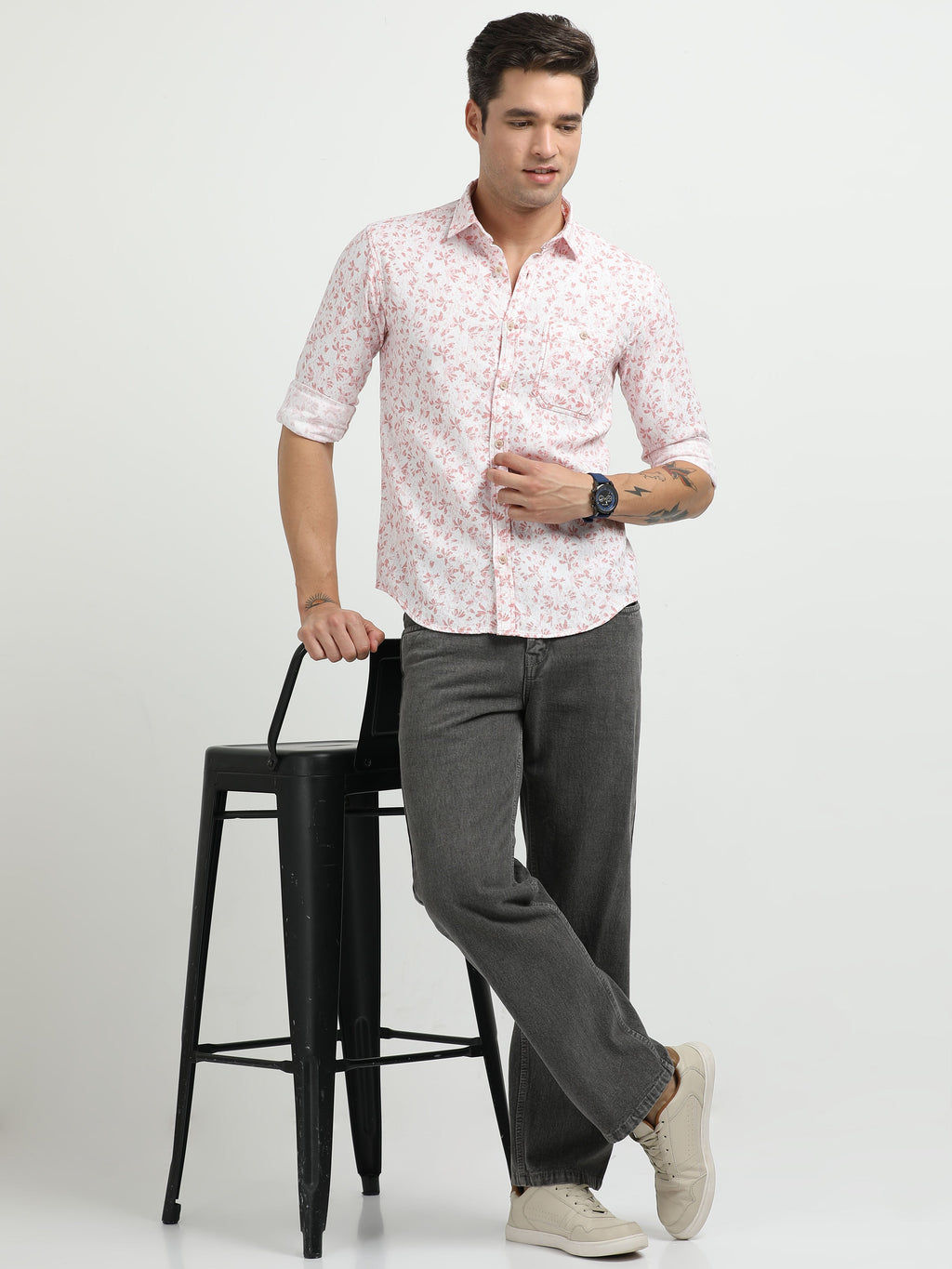 Men’s White & Pink Floral Print Cotton Shirt