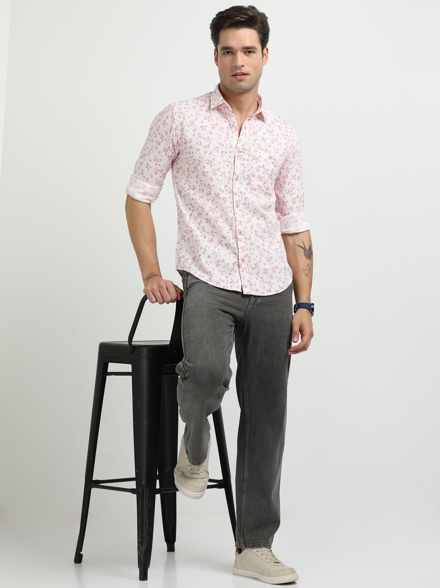 Men’s White & Pink Floral Print Cotton Shirt