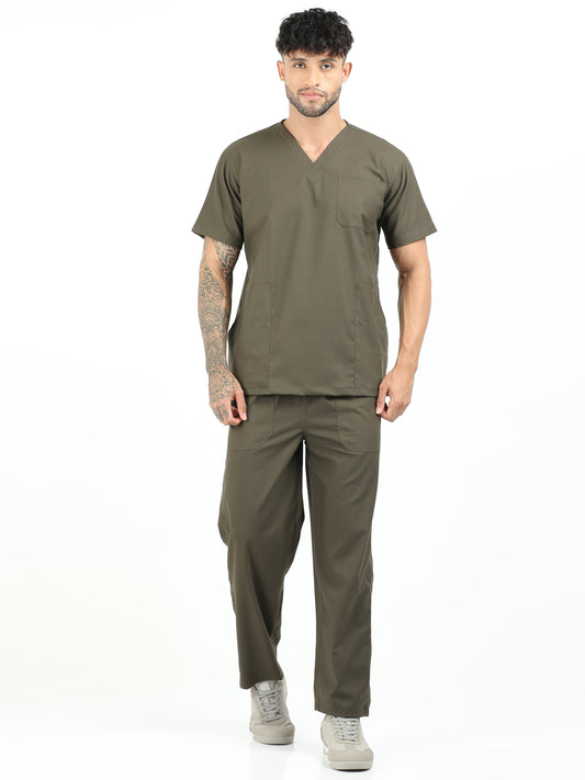Men’s Olive Medical Scrub Set – V-Neck Top & Straight Pants | Twill Fabric, Antibacterial & Wrinkle-Resistant – Eco Flex