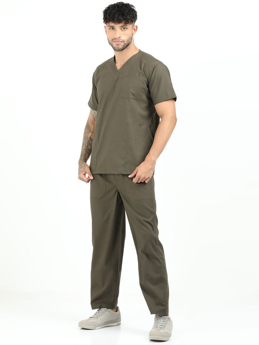 Men’s Olive Medical Scrub Set – V-Neck Top & Straight Pants | Twill Fabric, Antibacterial & Wrinkle-Resistant – Eco Flex