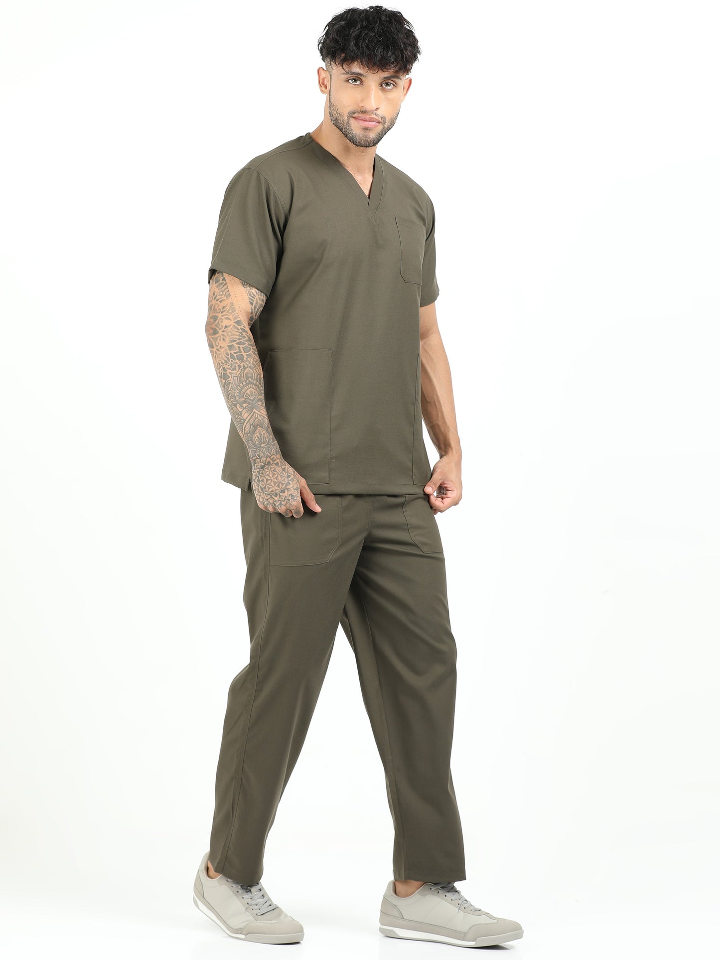 Men’s Olive Medical Scrub Set – V-Neck Top & Straight Pants | 2-Way Stretch, Antibacterial & Wrinkle-Resistant – Apollo
