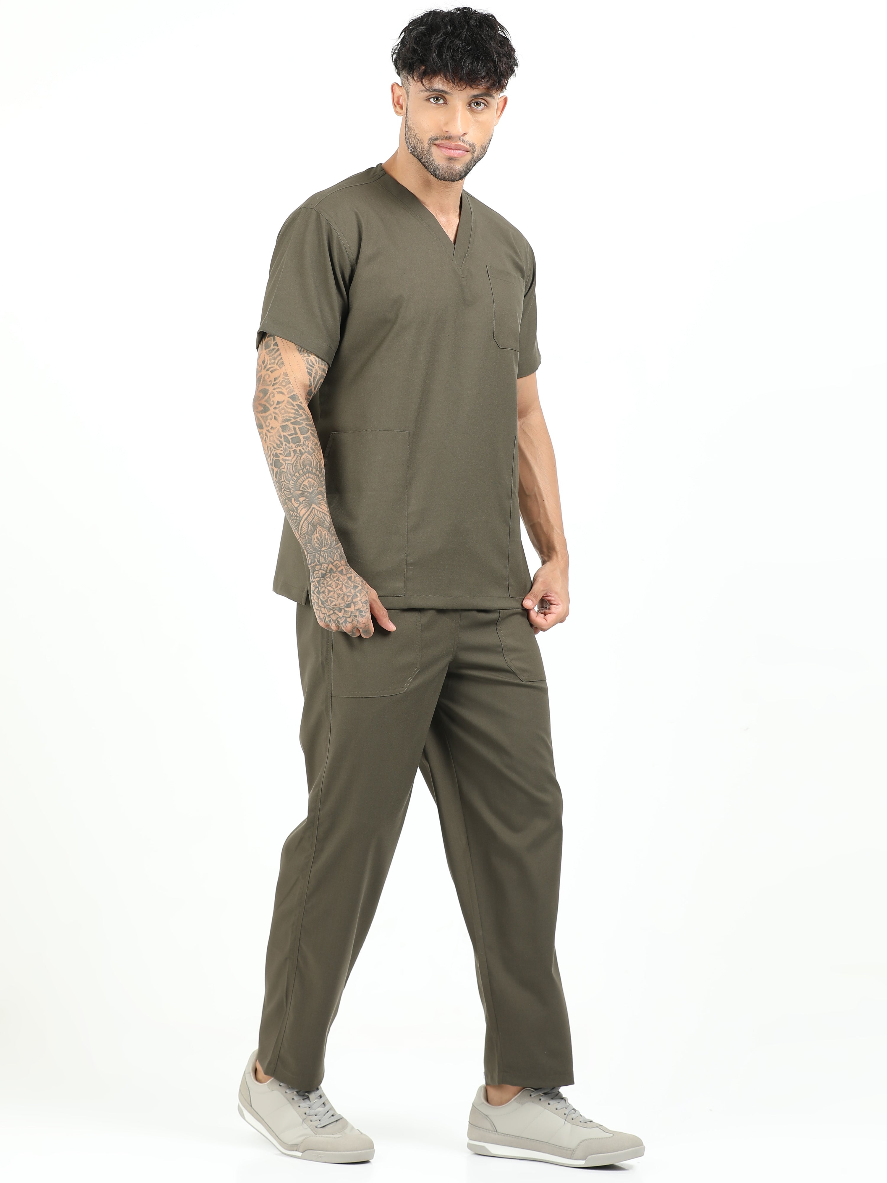 Men’s Olive Medical Scrub Set – V-Neck Top & Straight Pants | Twill Fabric, Antibacterial & Wrinkle-Resistant – Eco Flex