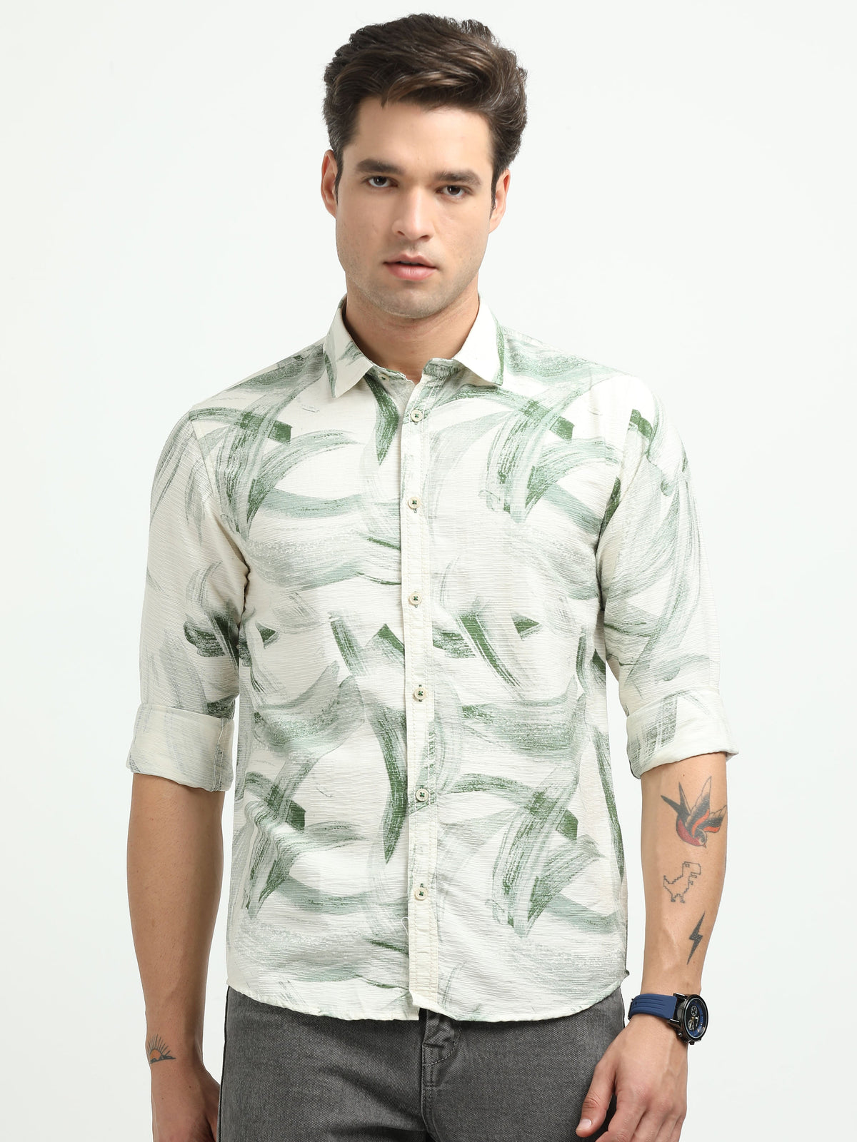 Men’s White & Green Brushstroke Print Cotton Shirt