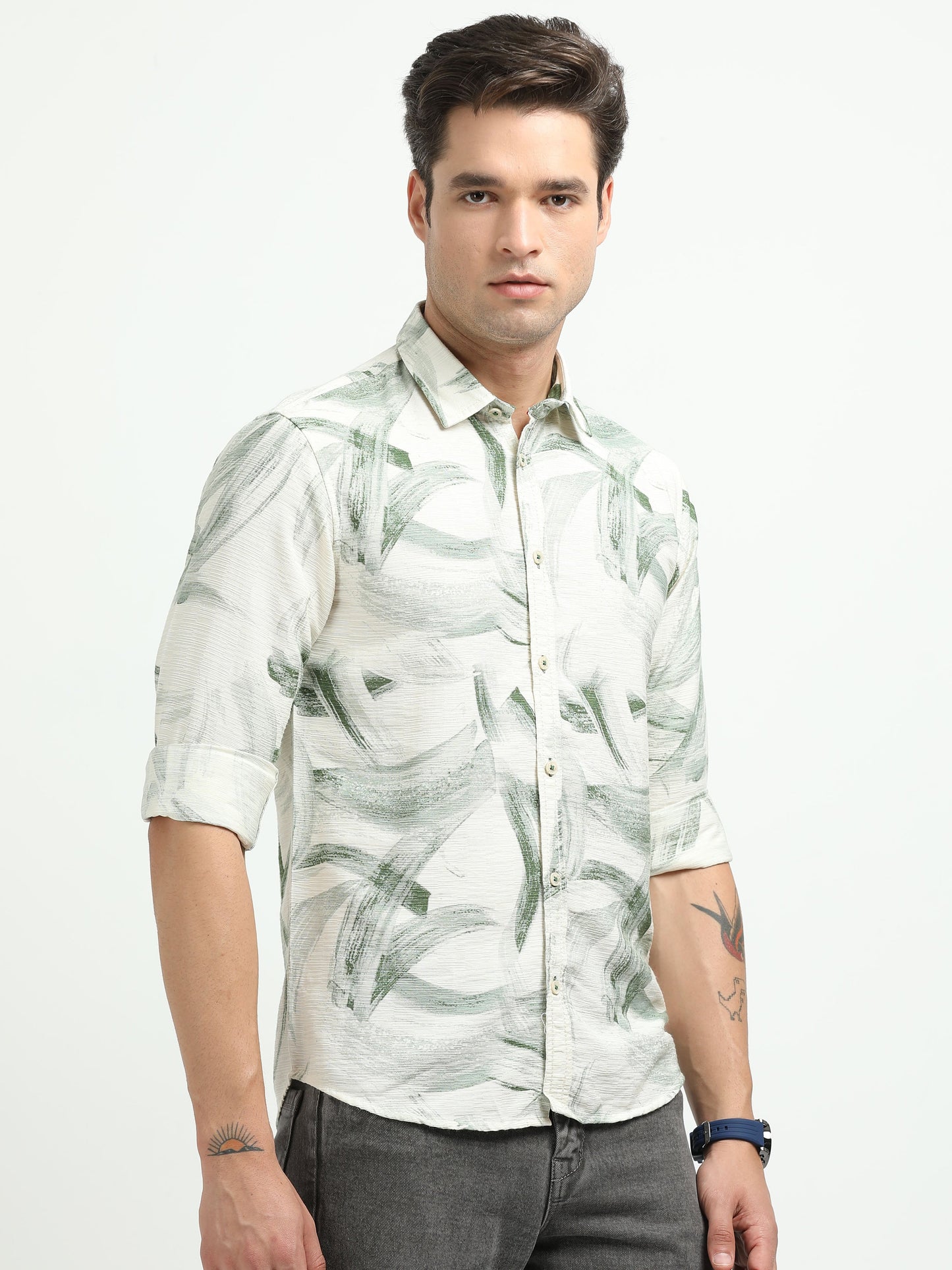 Men’s White & Green Brushstroke Print Cotton Shirt