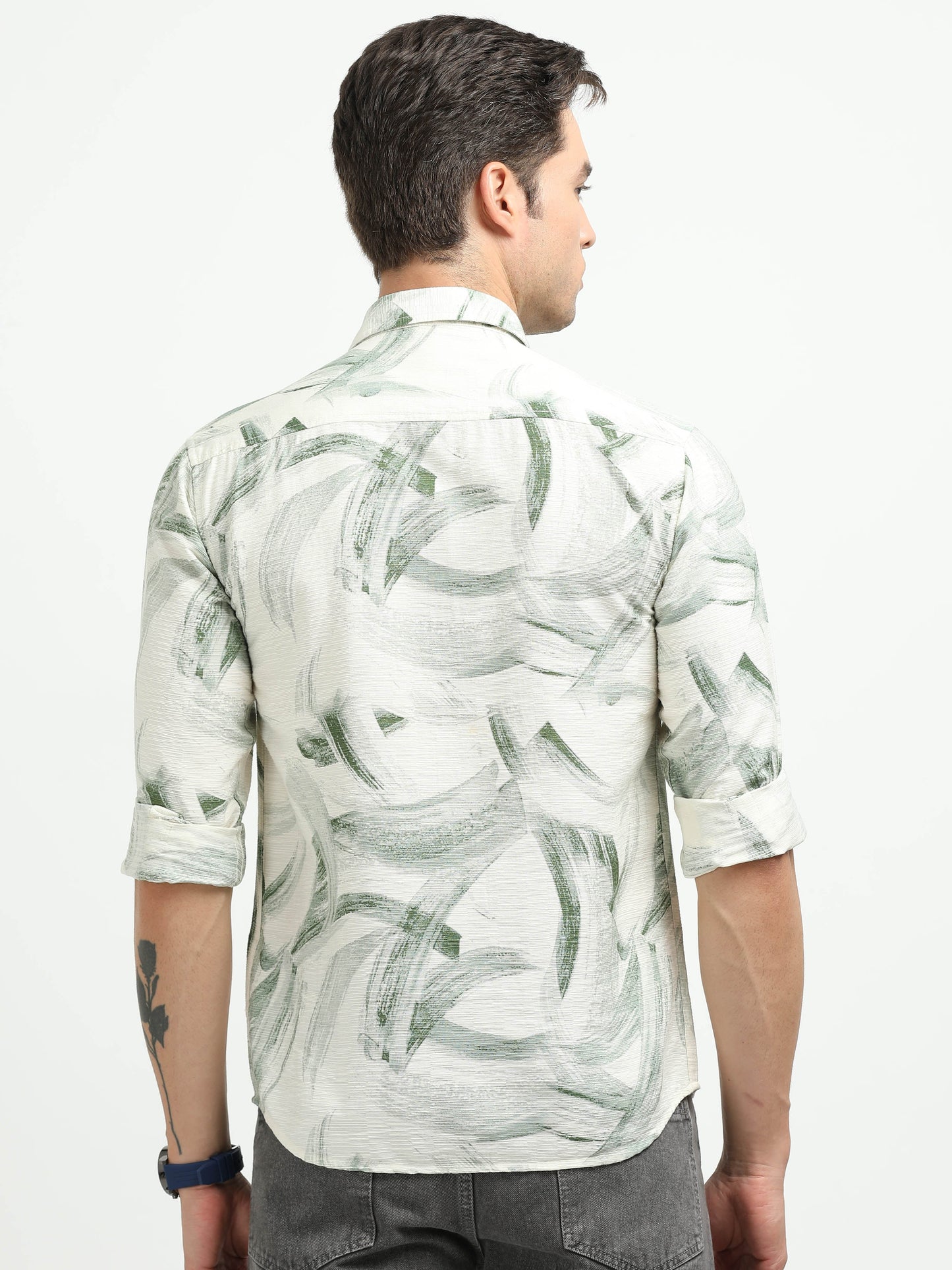 Men’s White & Green Brushstroke Print Cotton Shirt