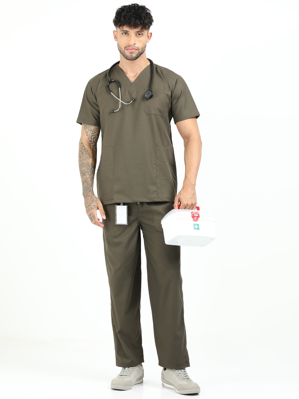 Men’s Olive Medical Scrub Set – V-Neck Top & Straight Pants | 2-Way Stretch, Antibacterial & Wrinkle-Resistant – Apollo