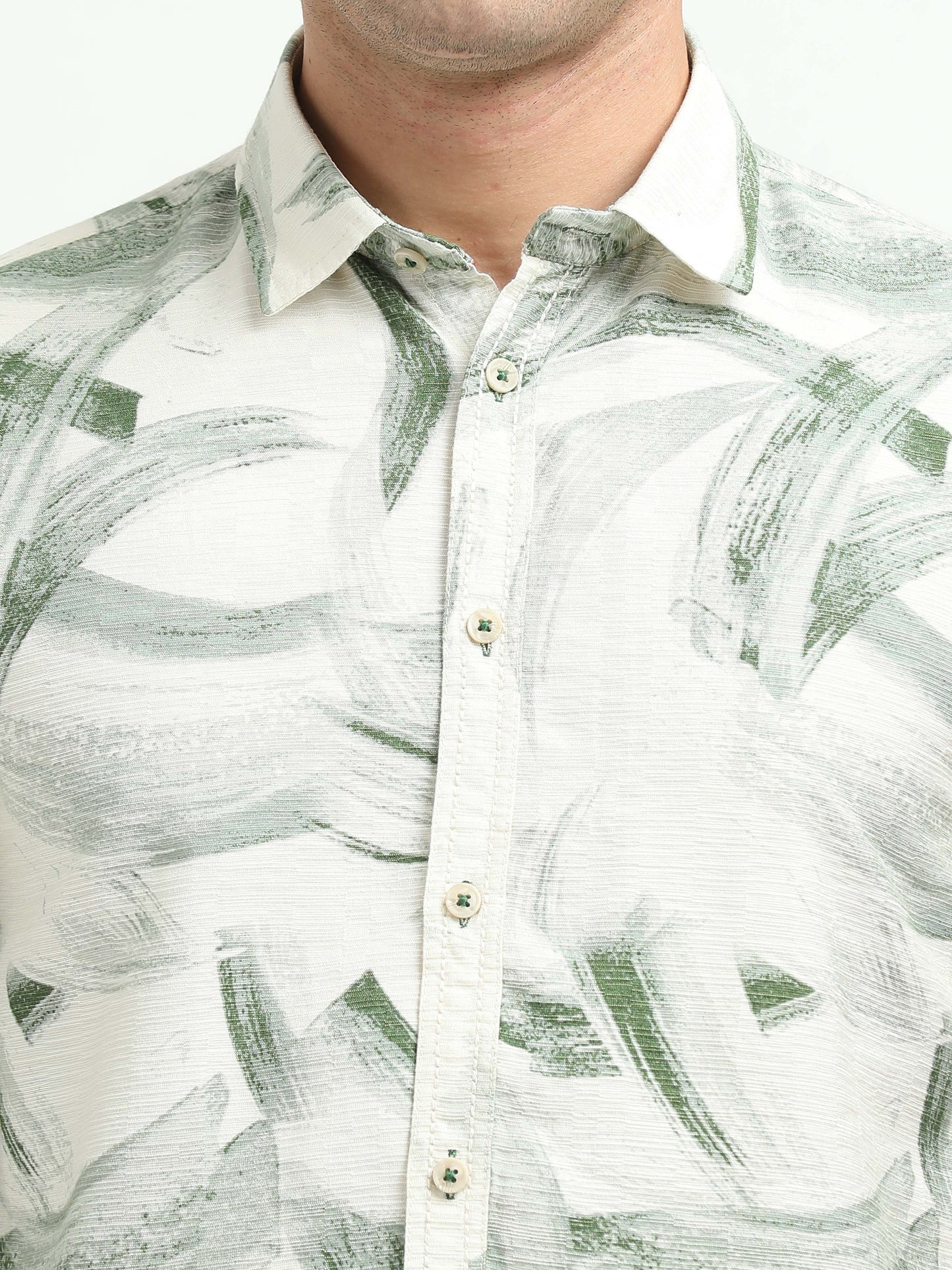 Men’s White & Green Brushstroke Print Cotton Shirt
