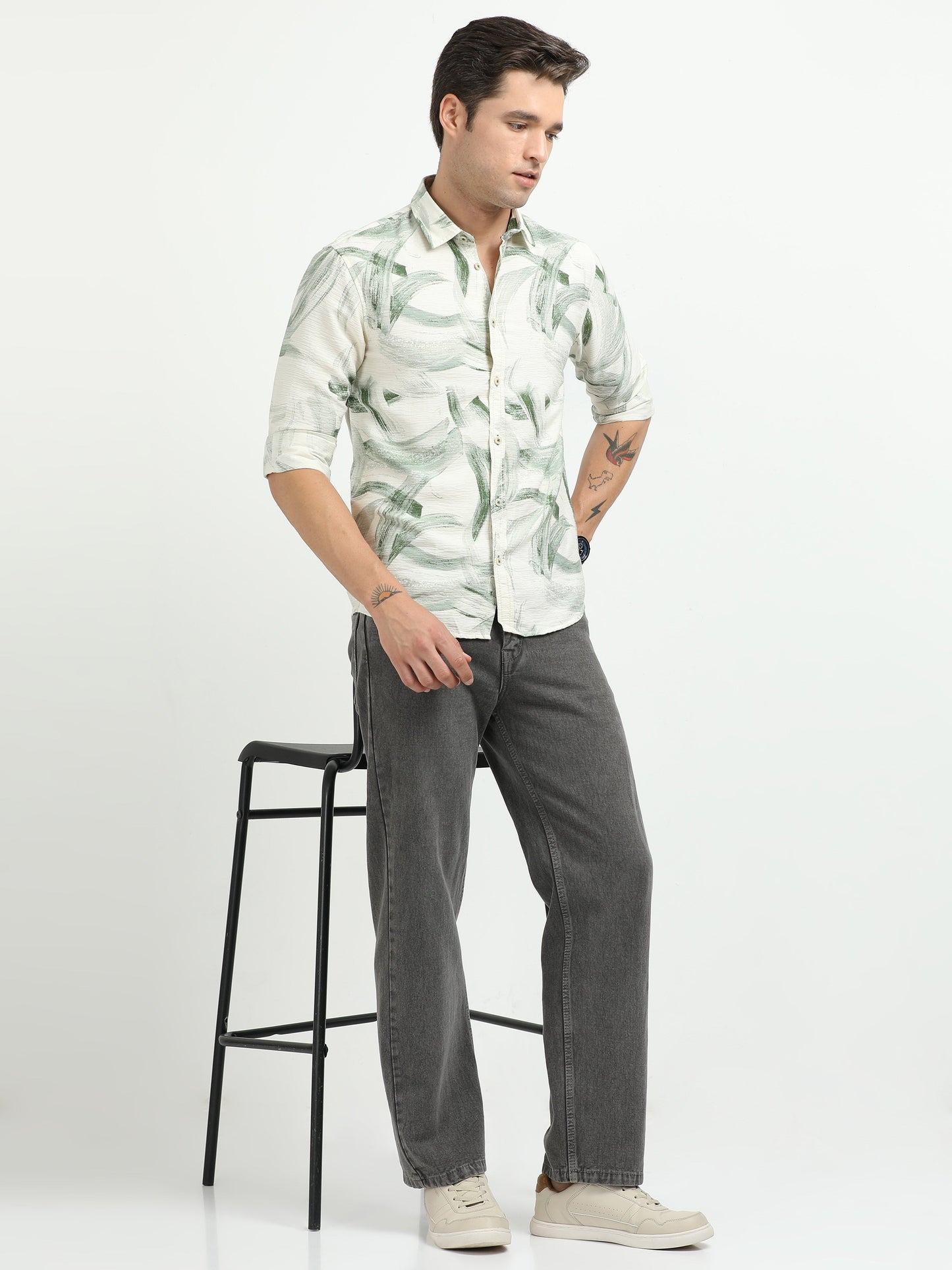 Men’s White & Green Brushstroke Print Cotton Shirt