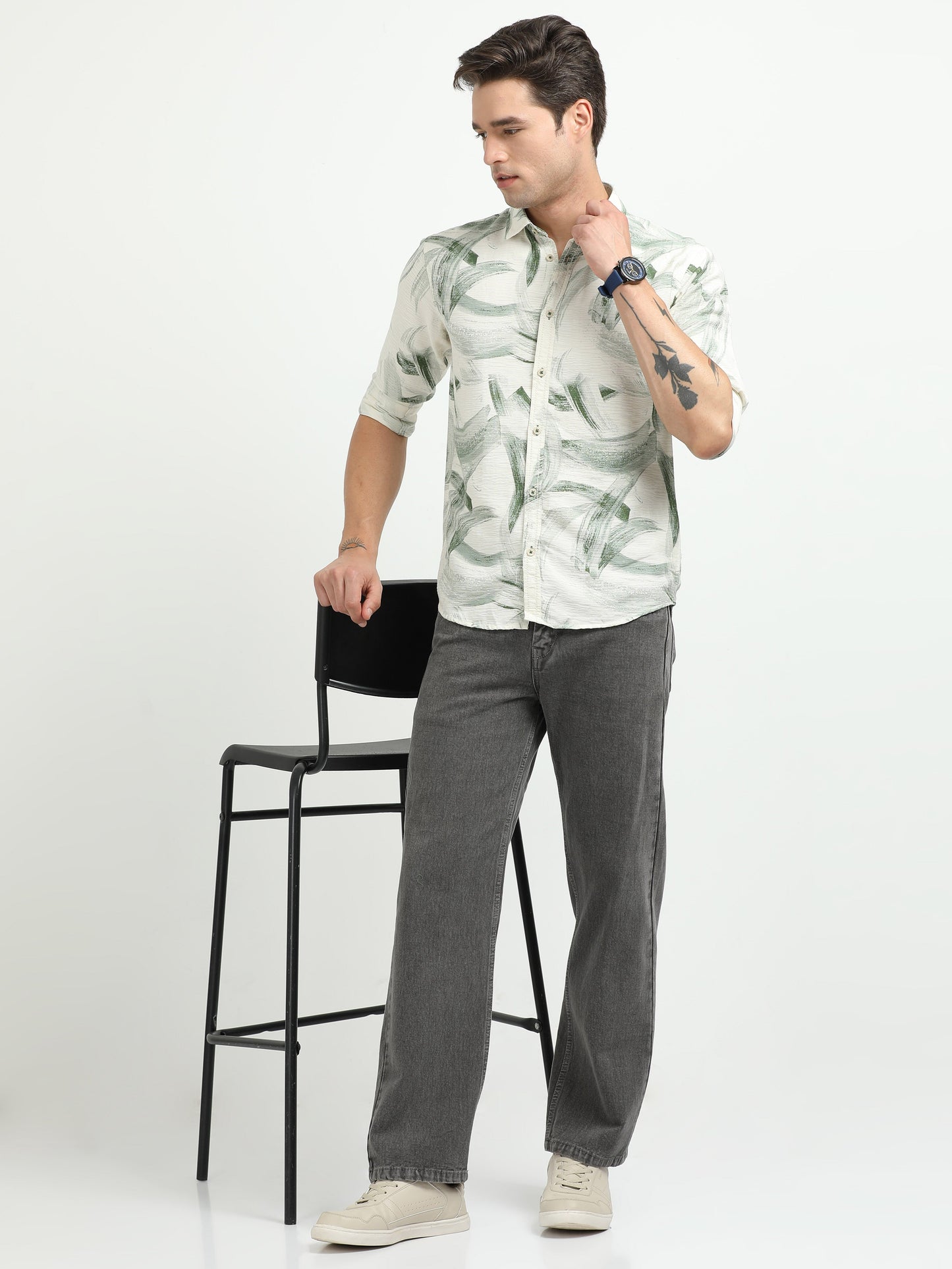 Men’s White & Green Brushstroke Print Cotton Shirt