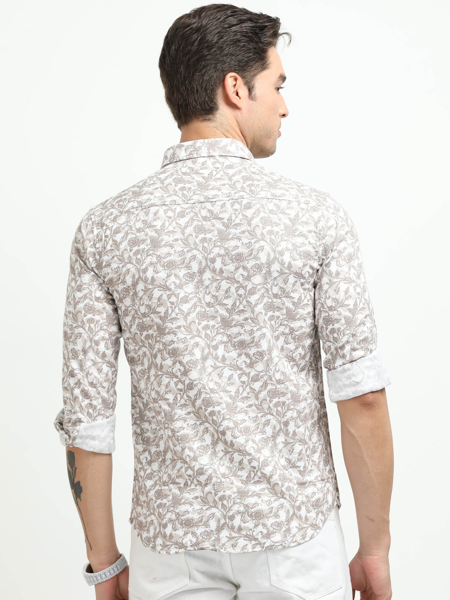 Men’s White & Taupe Floral Print Cotton Shirt