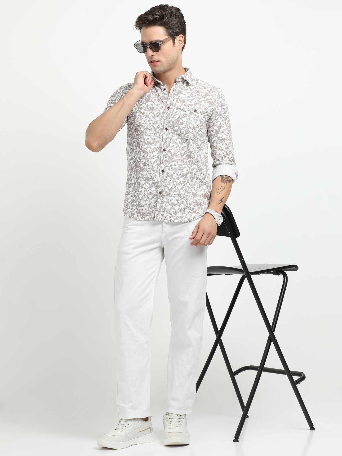 Men’s White & Taupe Floral Print Cotton Shirt