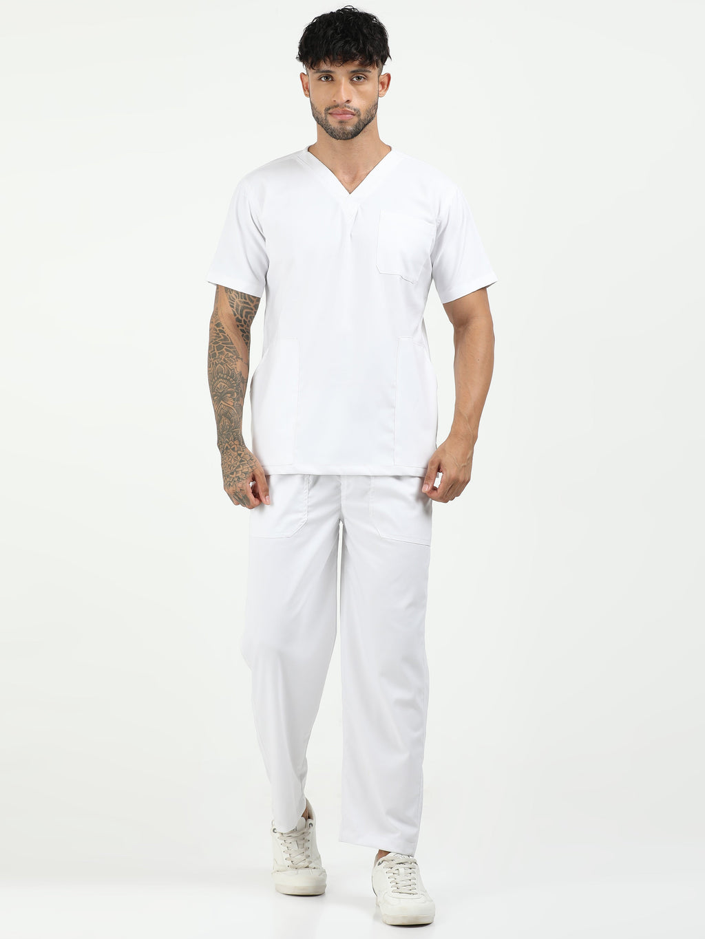 Men’s Snow White Medical Scrub Set – V-Neck Top & Straight Pants | 2-Way Stretch, Breathable & Antibacterial – Apollo