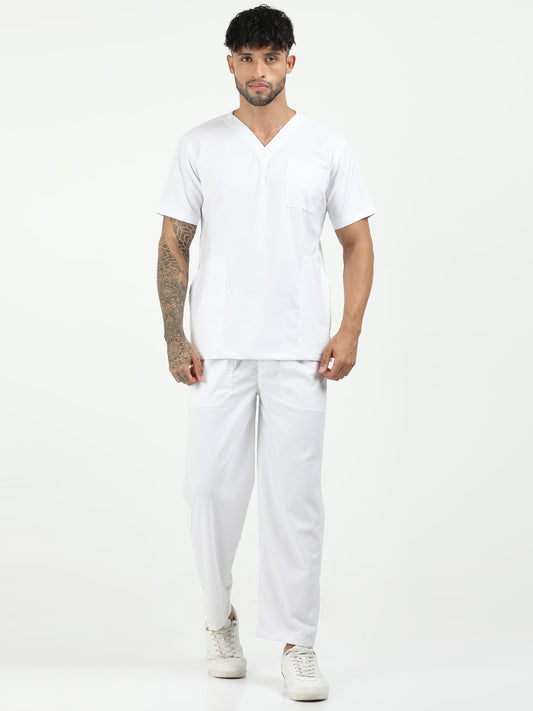 Men’s Snow White Medical Scrub Set – V-Neck Top & Straight Pants | 2-Way Stretch, Breathable & Antibacterial – Apollo