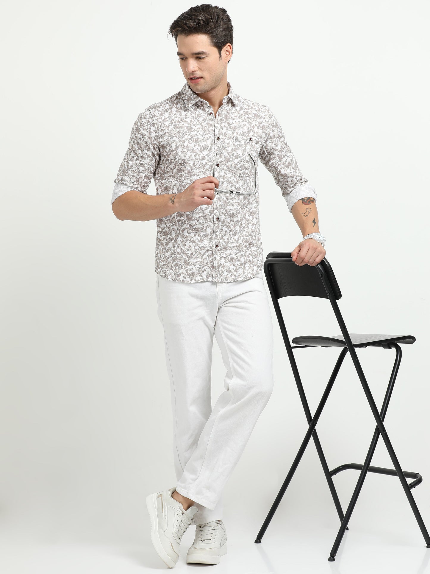 Men’s White & Taupe Floral Print Cotton Shirt