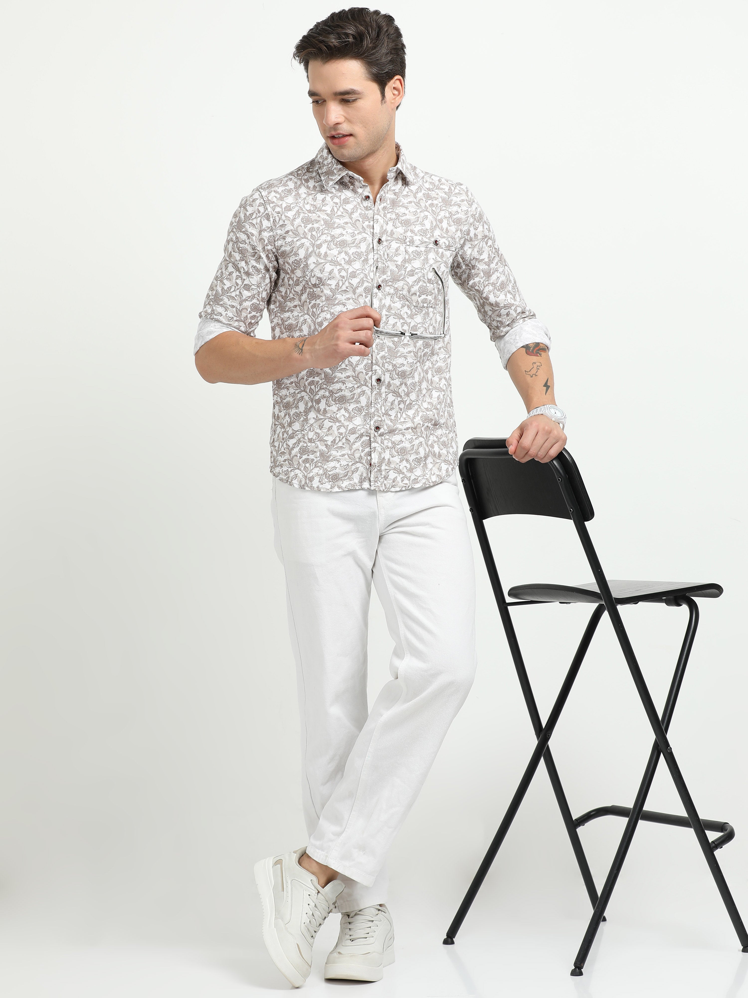 Men’s White & Taupe Floral Print Cotton Shirt