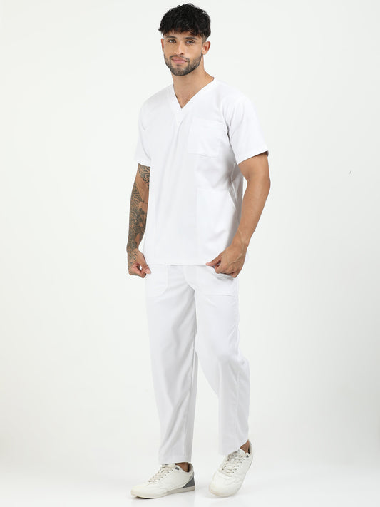 Men’s Snow White Medical Scrub Set – V-Neck Top & Straight Pants | Twill Fabric, Breathable & Antibacterial – Eco Flex