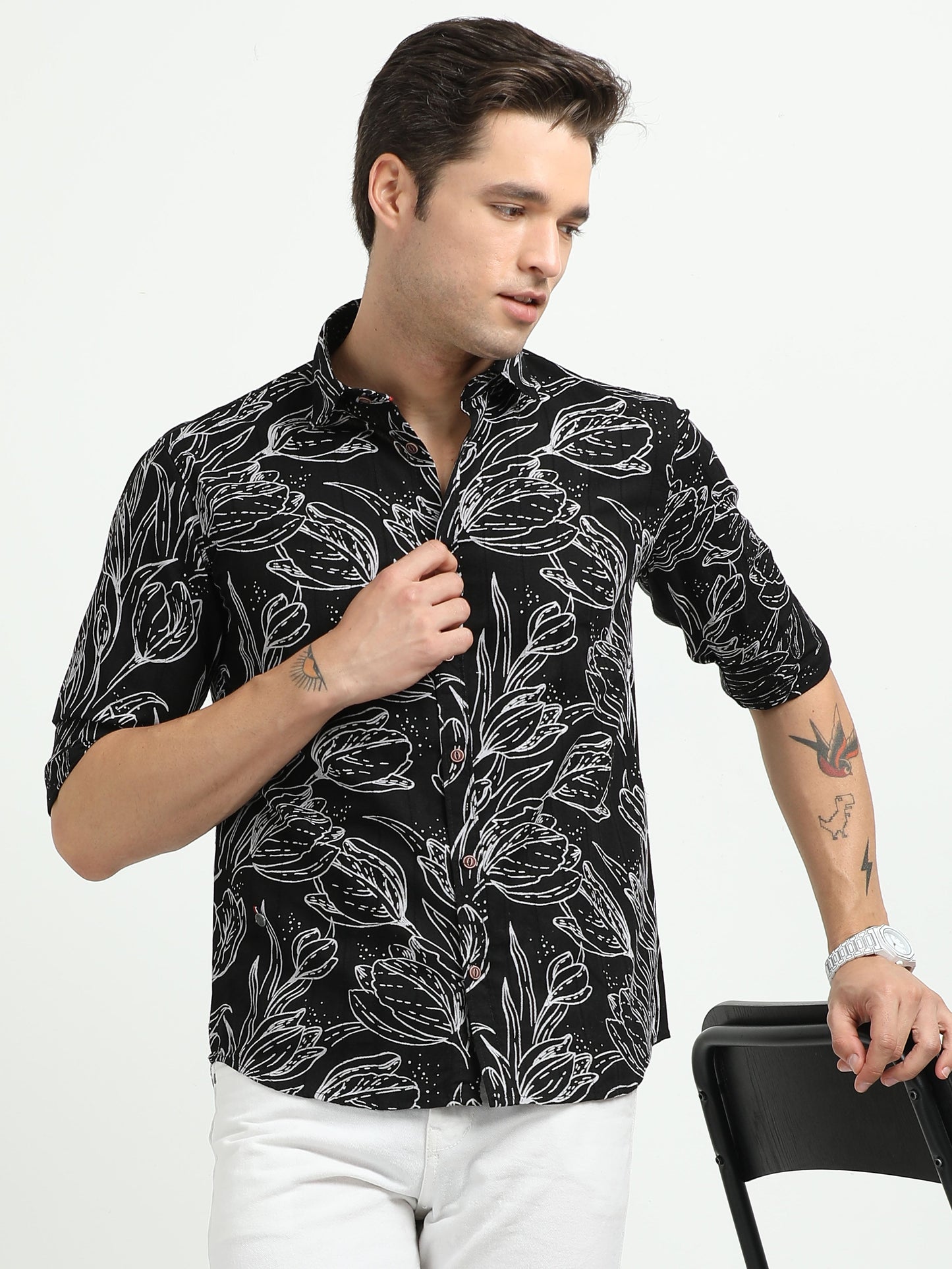 Men’s Black & White Floral Print Cotton Shirt