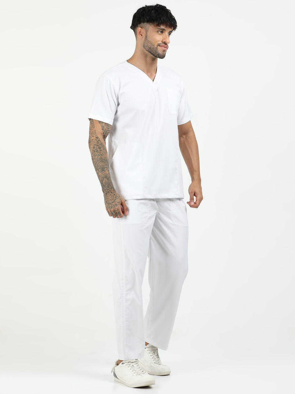 Men’s Snow White Medical Scrub Set – V-Neck Top & Straight Pants | 2-Way Stretch, Breathable & Antibacterial – Apollo