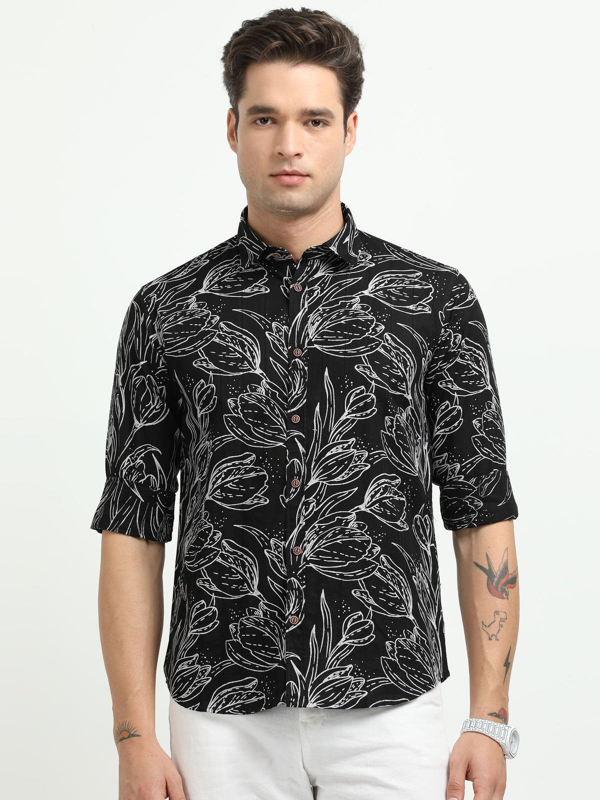 Men’s Black & White Floral Print Cotton Shirt