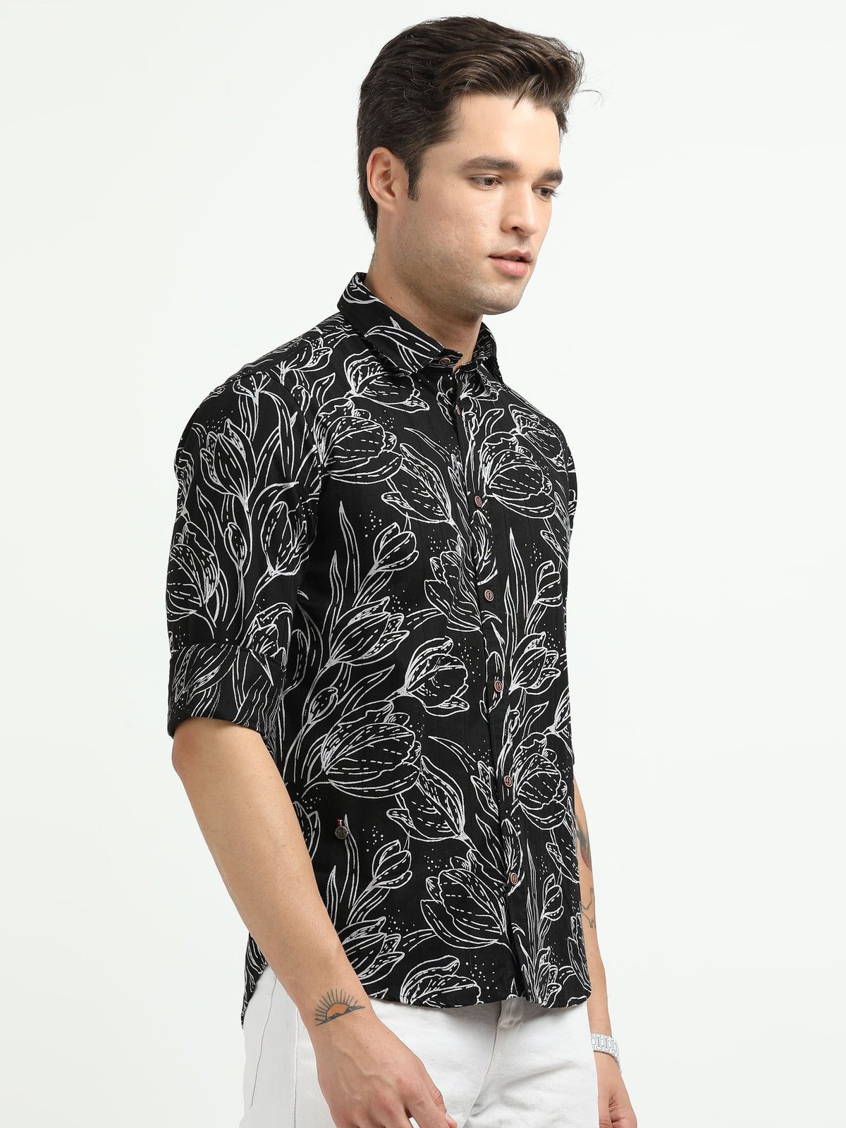 Men’s Black & White Floral Print Cotton Shirt