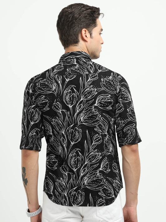 Men’s Black & White Floral Print Cotton Shirt