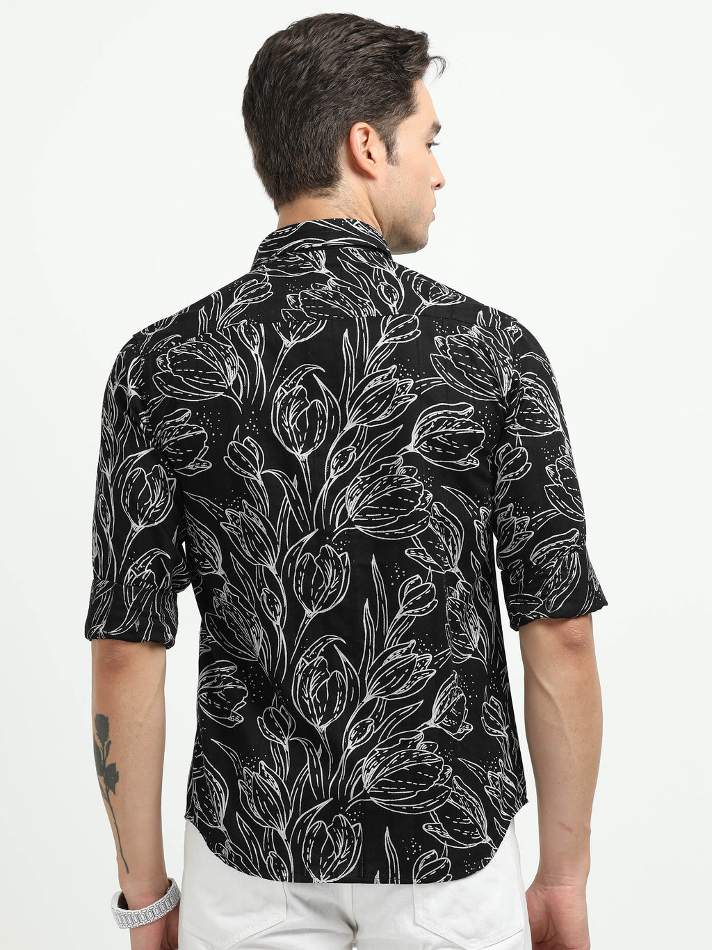 Men’s Black & White Floral Print Cotton Shirt