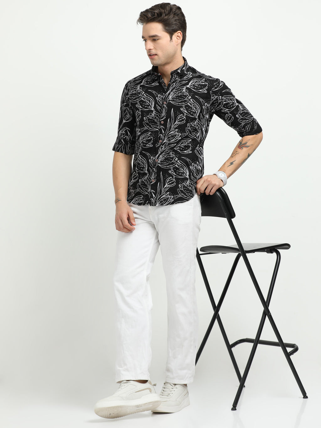 Men’s Black & White Floral Print Cotton Shirt
