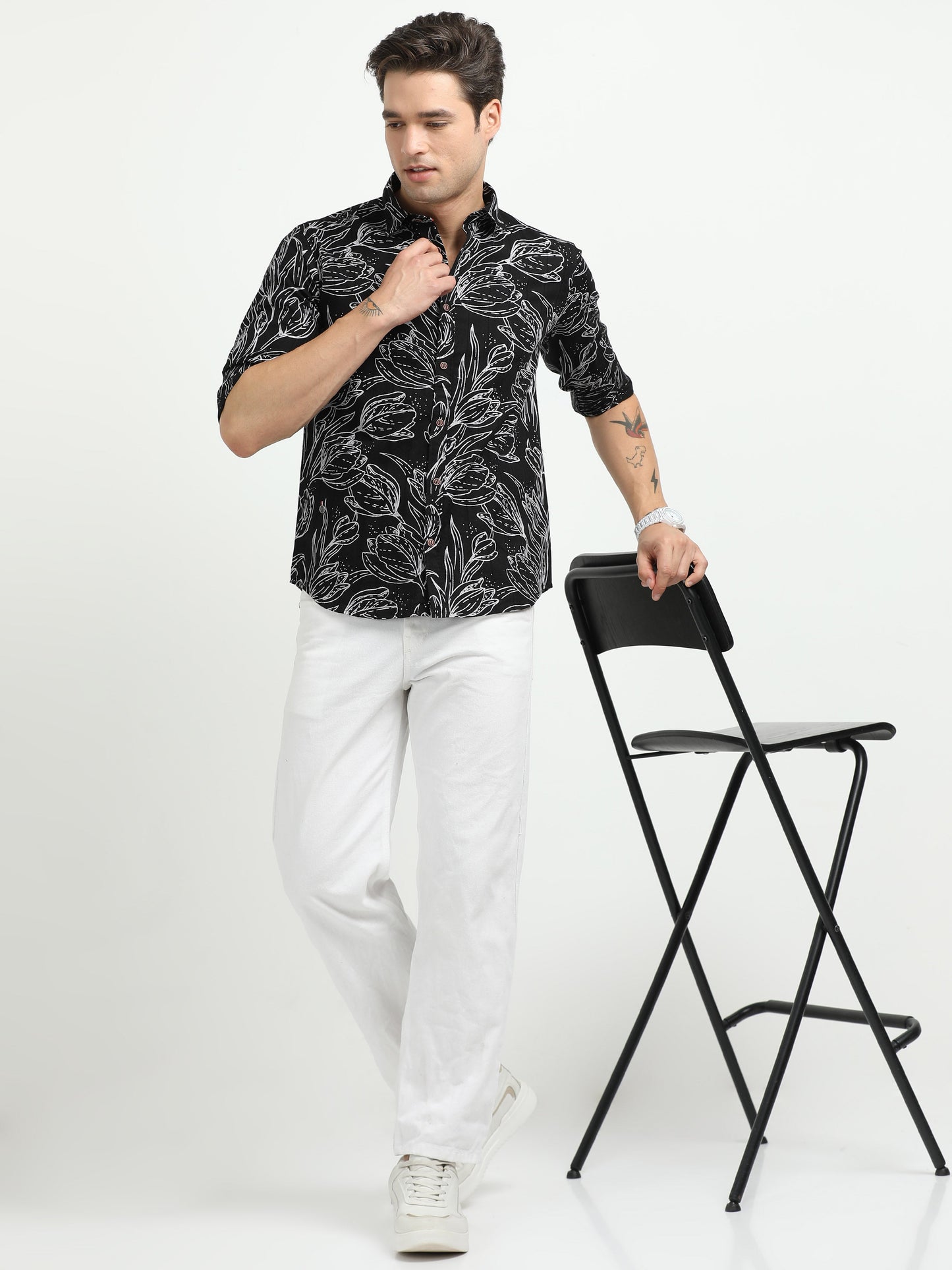 Men’s Black & White Floral Print Cotton Shirt