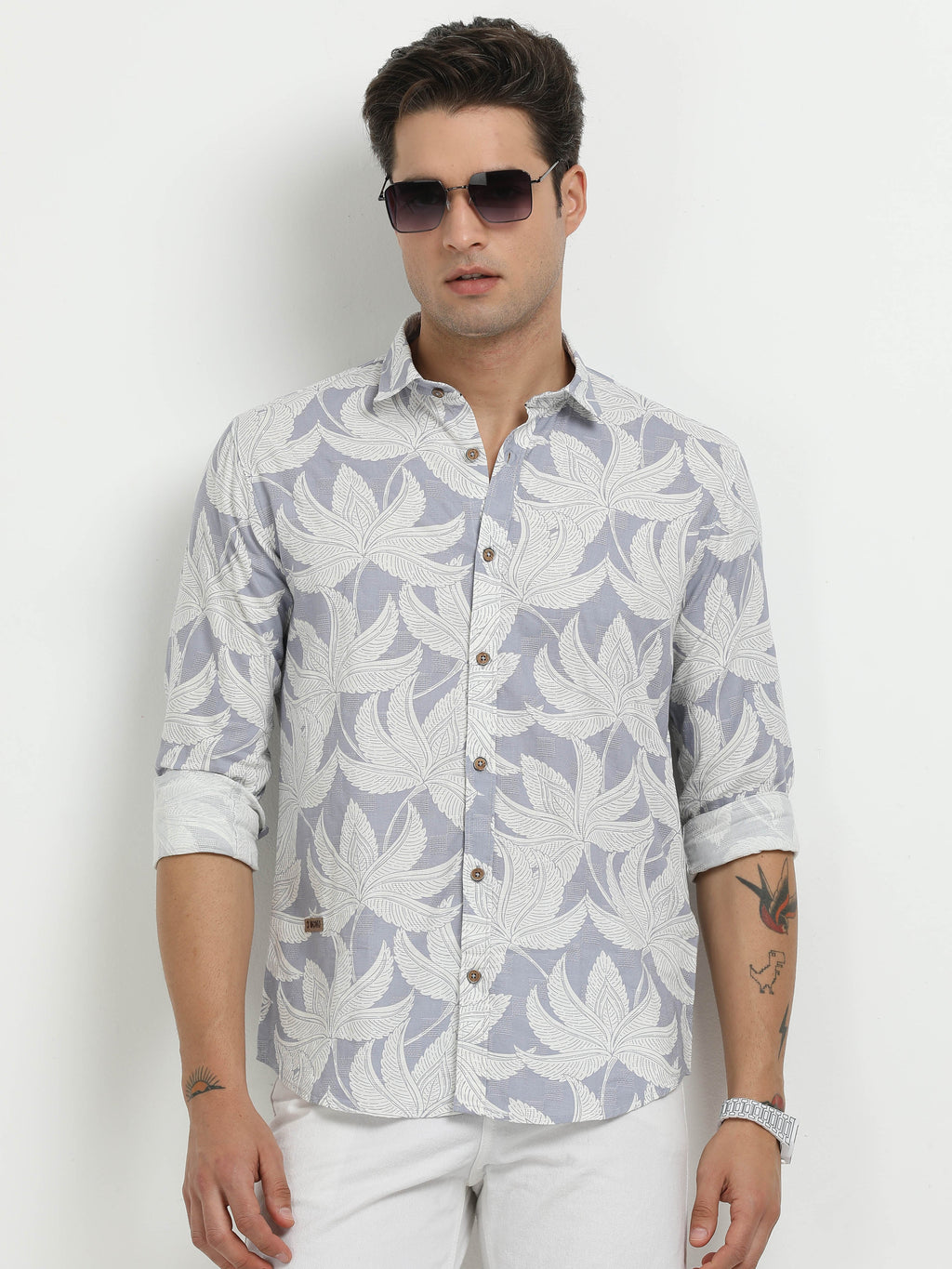 Men’s Light Blue & White Leaf Print Cotton Linen Shirt