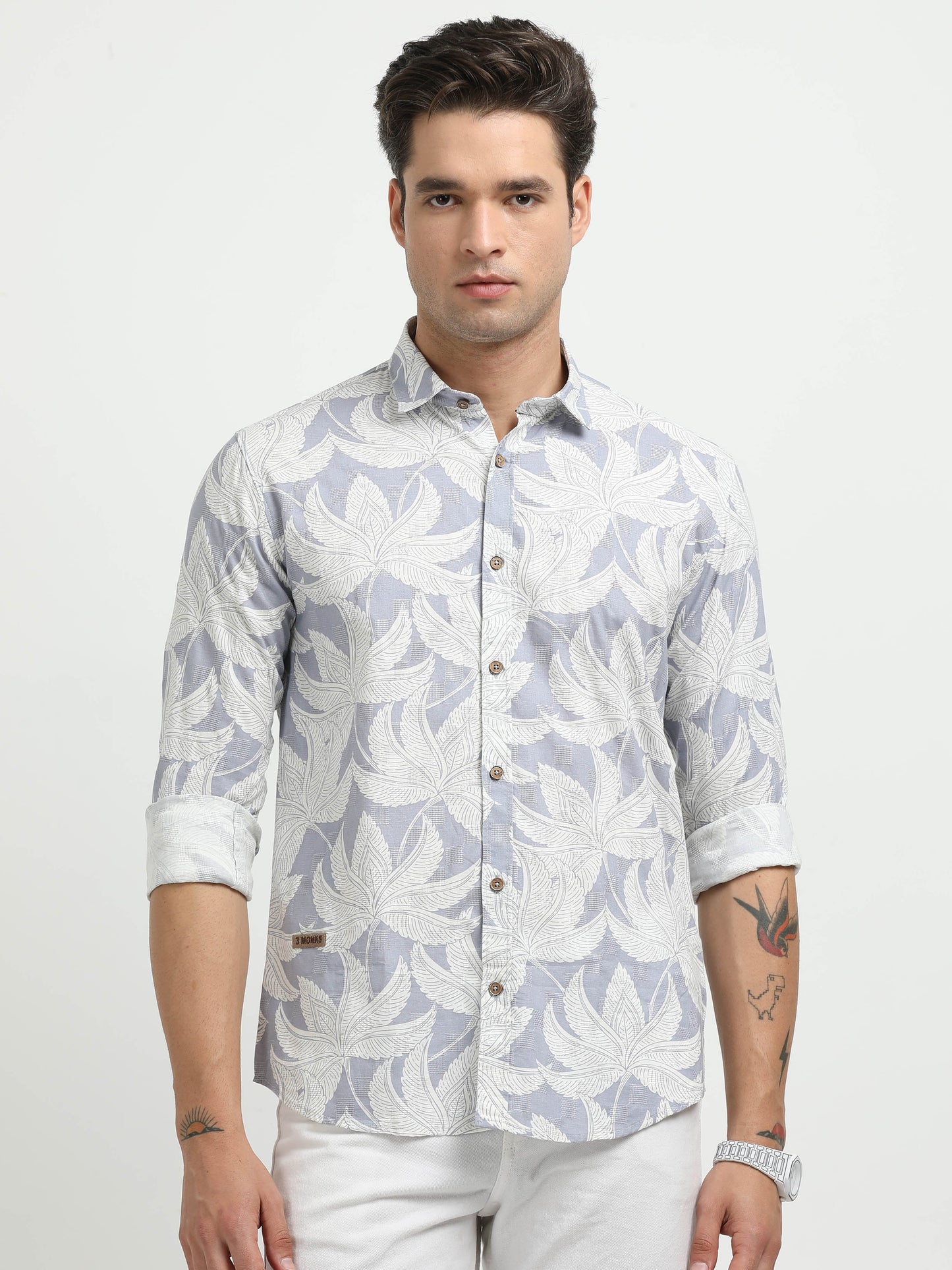 Men’s Light Blue & White Leaf Print Cotton Linen Shirt