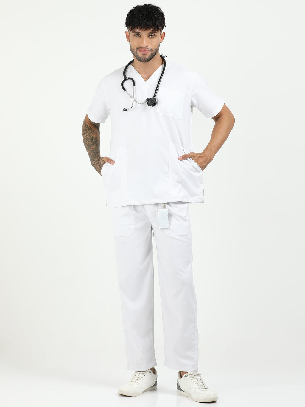 Men’s Snow White Medical Scrub Set – V-Neck Top & Straight Pants | 2-Way Stretch, Breathable & Antibacterial – Apollo
