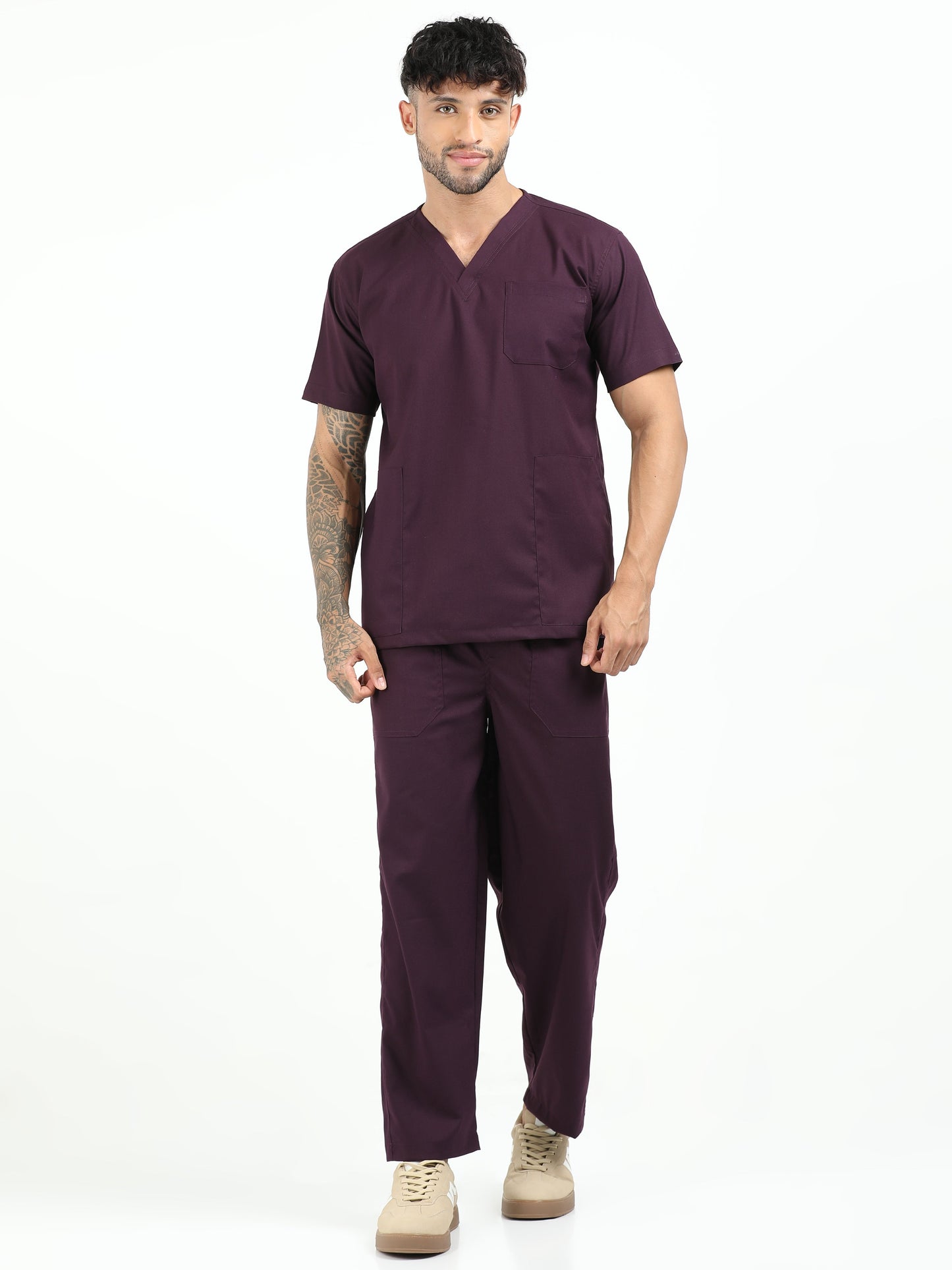 Men’s Wine Medical Scrub Set – V-Neck Top & Straight Pants | Twill Fabric, Breathable & Fade-Resistant – Eco Flex