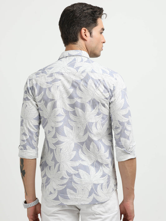 Men’s Light Blue & White Leaf Print Cotton Linen Shirt