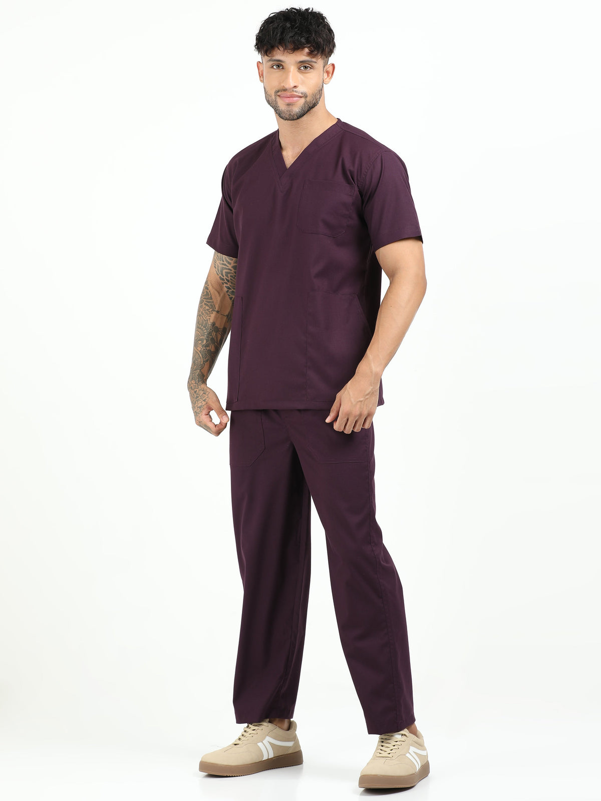 Men’s Wine Medical Scrub Set – V-Neck Top & Straight Pants | Twill Fabric, Breathable & Fade-Resistant – Eco Flex