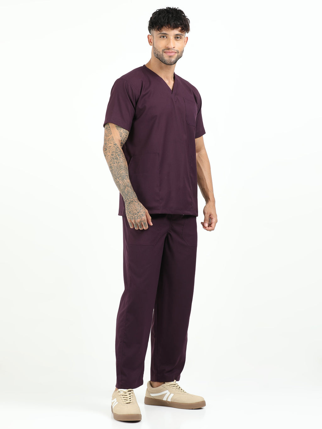 Men’s Wine Medical Scrub Set – V-Neck Top & Straight Pants | 2-Way Stretch, Breathable & Fade-Resistant – Apollo