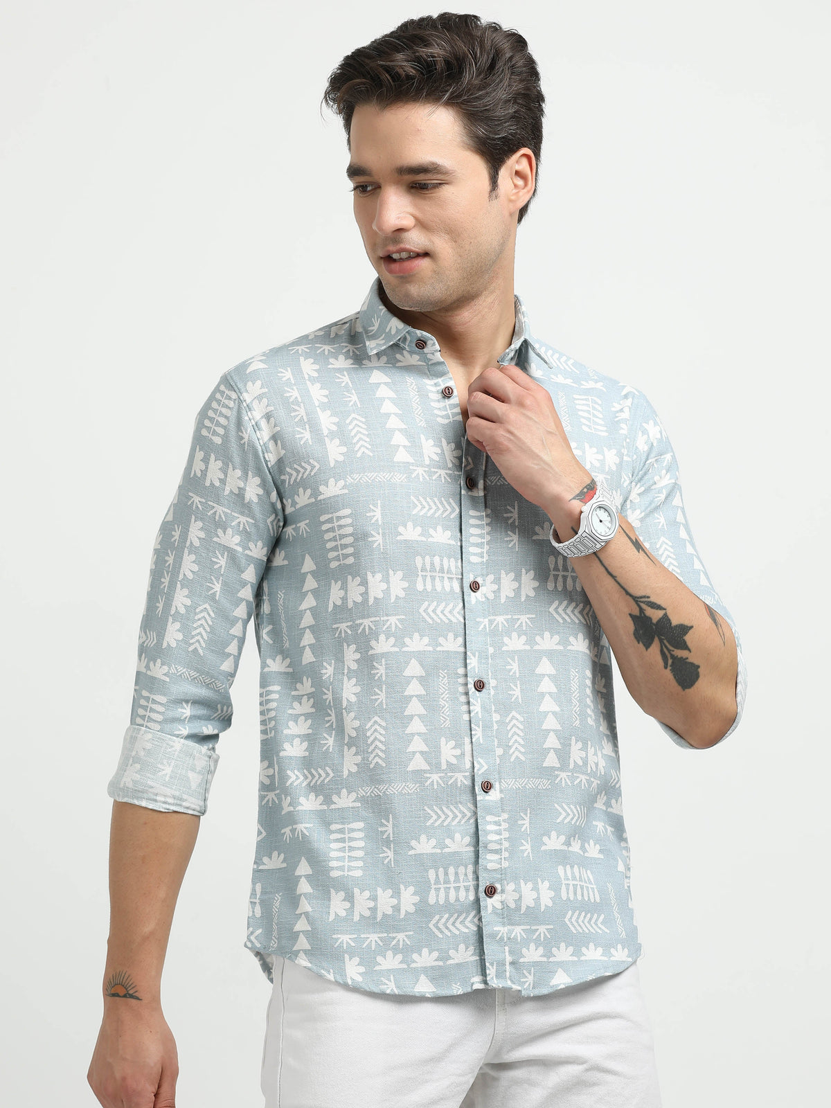 Men’s Sky Blue Tribal Print Cotton Linen Shirt